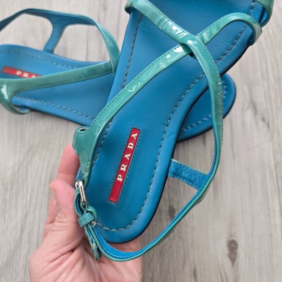 vintage Y2K Prada | teal blue patent leather strappy flat sandals | WMS 6 - Picture 5 of 12